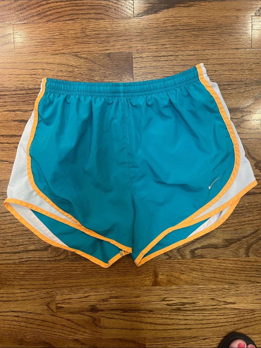 Nike Teal Athletic Shorts with Orange Trim and White Panels Sz S
